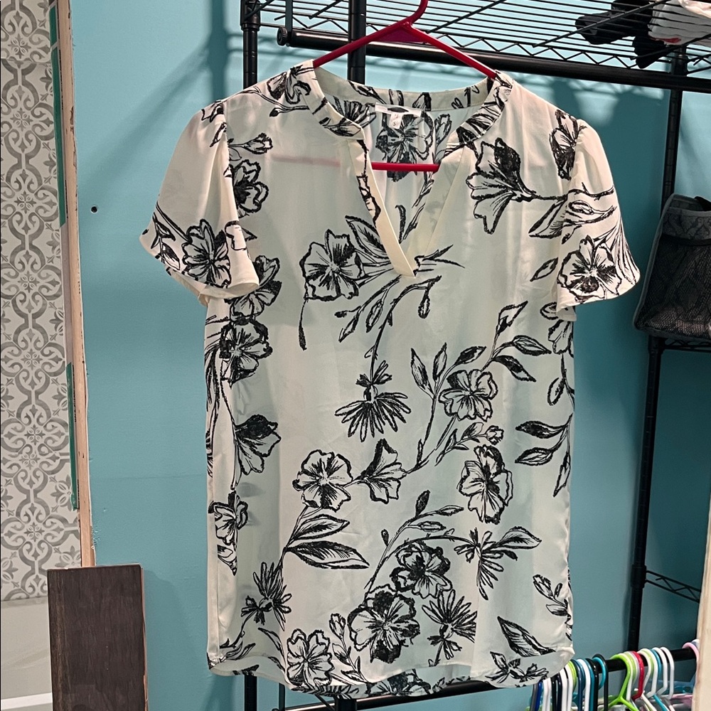 Maurices White Blouse with Black Floral Print